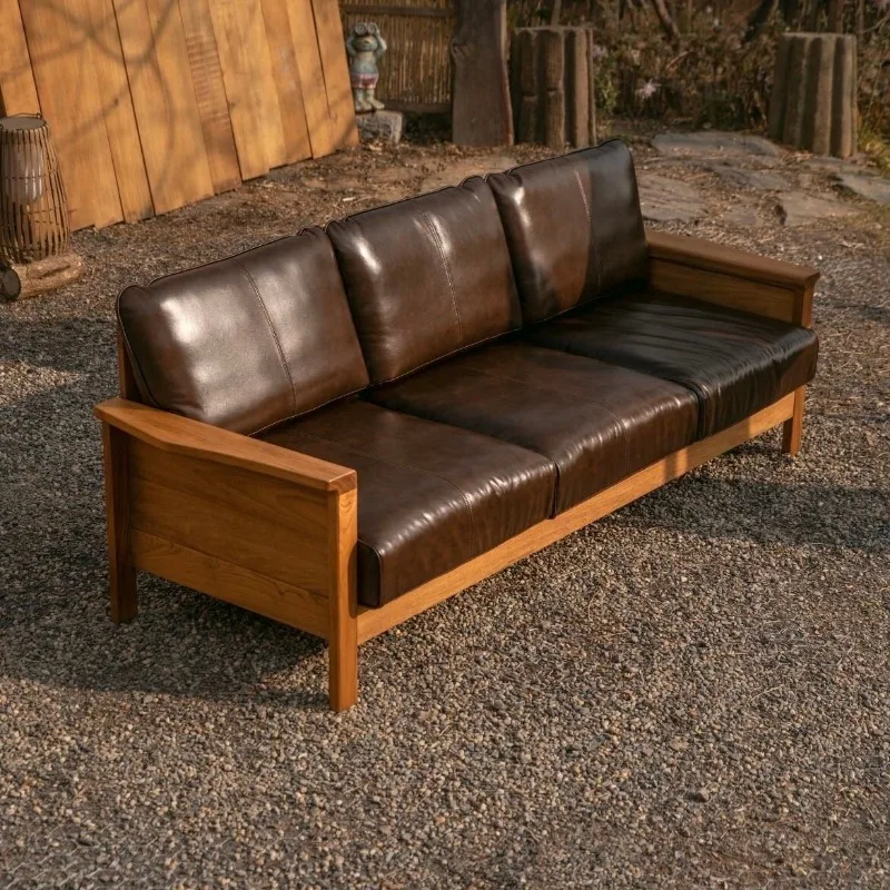 Customized Myanmar old teak solid wood real cowhide living room modern simple small apartment straight row three-person sofa