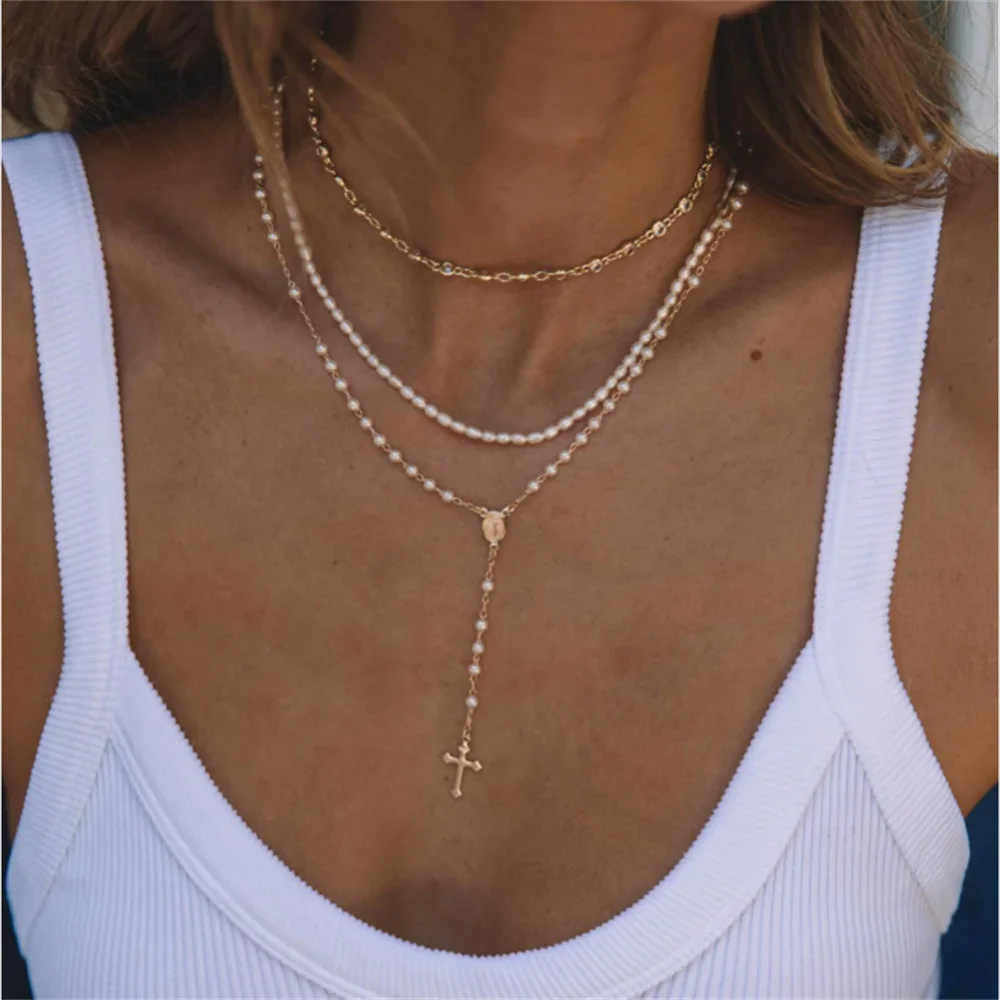 Vintage Gold-plate Imitation Pearl Crystal Chain Maria Portrait Cross Pendant Necklace For Women Fashion Punk Multilevel Jewelry