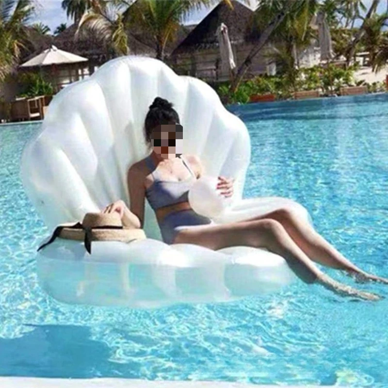 PVC inflatable shell floating row with ball pearlescent white scallop floating bed adult water swimming ring