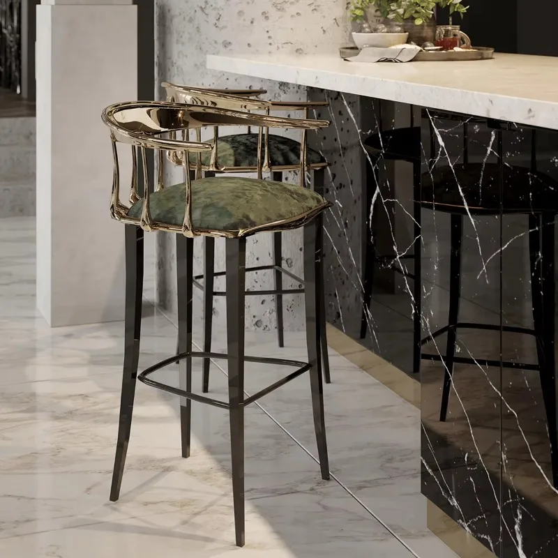 Artistic Brass Bar Stool Solid Wood High Chair with Fabric Cushion for Home Bar & Coffee Shops