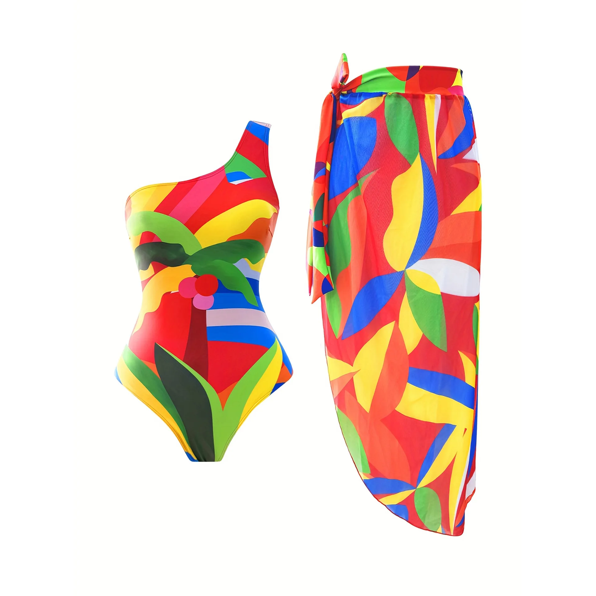 

Geometry Print Skirt Swimwear Set Women 2025 One Shoulder Slim Tummy Control One Piece Swimsuit Holiday Bathing Swimming Suit
