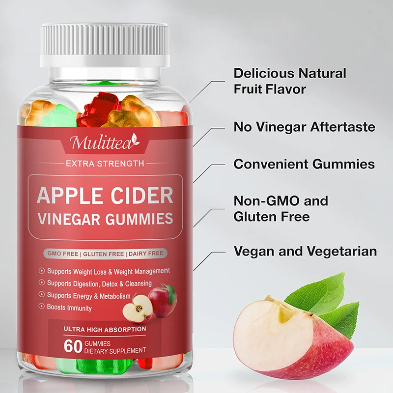 Mulittea Malic Acid Apple Cider Vinegar gummies for Boost Energy Detox & Fat Burner &flat belly Gut Health Inhibiting Fat Growth