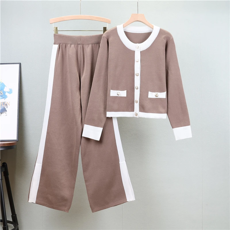 New Autumn Knitted Cardigan Short Sweater Wide Leg Pants Two Piece Sets Women's Korean Fashion Knitting 2 Piece Sets Outfits