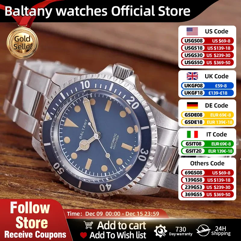 Baltany Retro Dive Watch S3043 39mm Classic Man Water Ghost Luminous Sapphire Stainless Steel Bracelet Automatic Watches