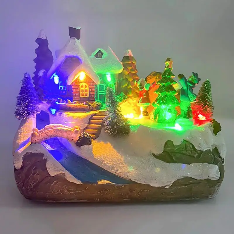 Creative LED Lights Christmas Resin Ornament Multi-functional Exquisite Cabin Rotating Music Figurines Luminous Landscape Decors