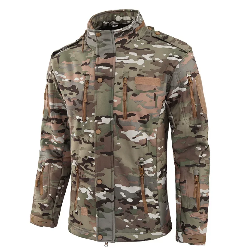 Outdoor soft shell jacket with multiple pockets and fleece hooded jacket