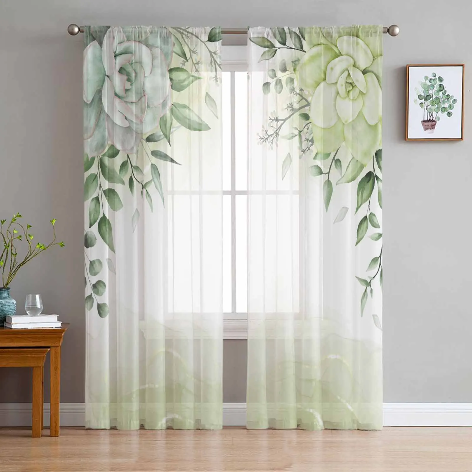 Pastoral Plants Succulent Flowers Tulle Curtains for Living Room Sheer Curtain for Bedroom Kitchen Blinds Voile Curtains