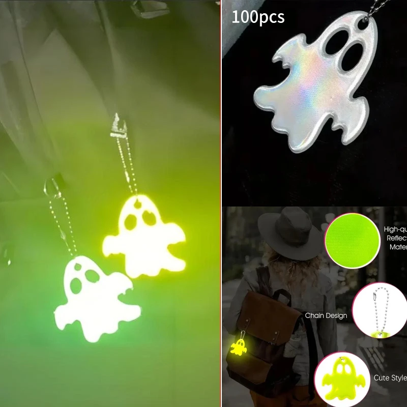 50/100pcs Double-sided Reflective Keychain Set Stylish Fun Halloween Cute Ghost Shape Night Warning Accessories Pendant Gifts