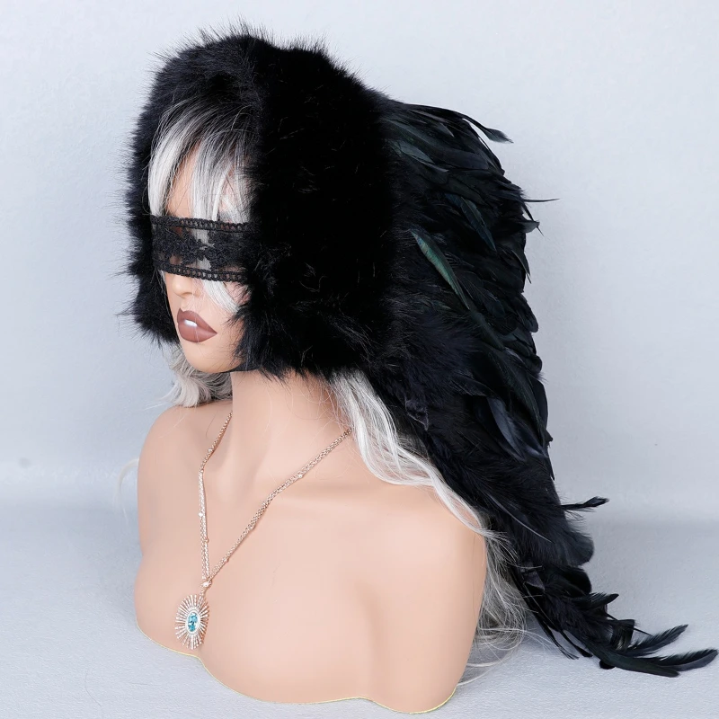 手作りのパフォーマンス小道具：原始部族の魔女レースアイマスク、羽根と毛皮の帽子、ハロウィーンのロールプレイング、インディアンの頭飾り