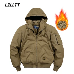 Men's Cotton Jacket Autumn Winter Hooded Thick Windproof Jacket Coat Outdoor Casual Pockets Tactical Military Bomber Jacket Male