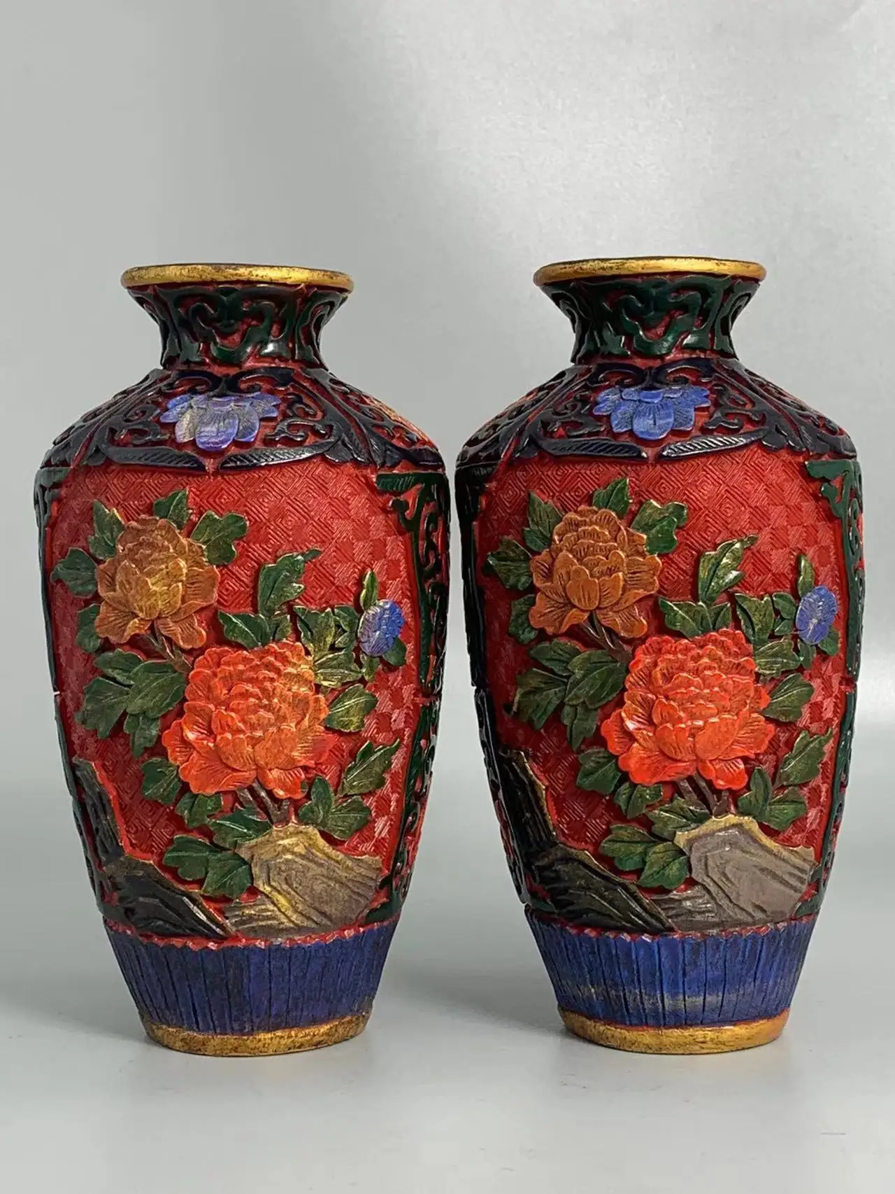 Rare Old  Chinese  lacquer ware carves flower vase,A Pair