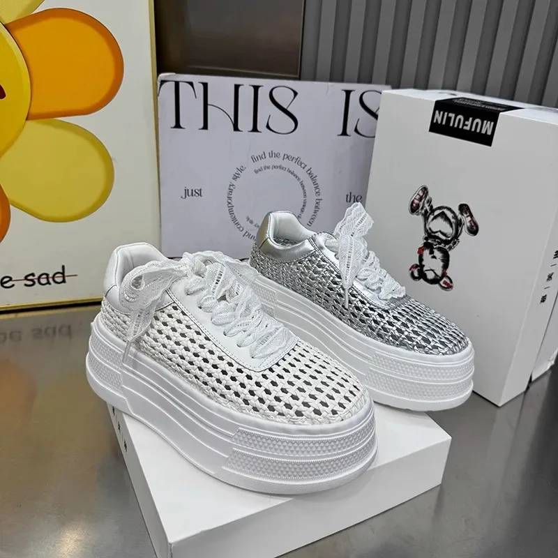 

Thick-soled Hollow Fashion Casual Shoes Summer New Style Woven Mesh Versatile Hot-Selling Platform White Sneakers for Women