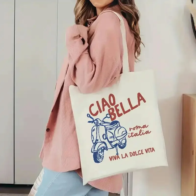 1pc Ciao Bella Rome Italy Vintage Tote Bag Suitable for Women - Italian-Themed Travel Bag with Ciao Bella Lettering & Scooter De
