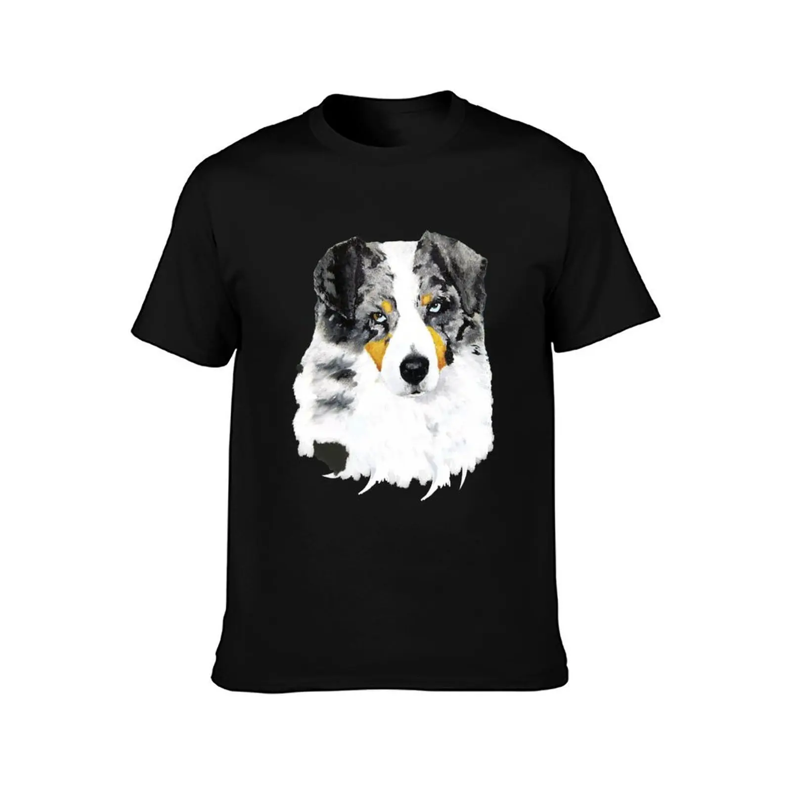 Australian Shepherd Blue Merle Dog Portrait T-Shirt, Summer Casual Cotton Tee, Oversized Streetwear Tops, Vintage Graphic Print