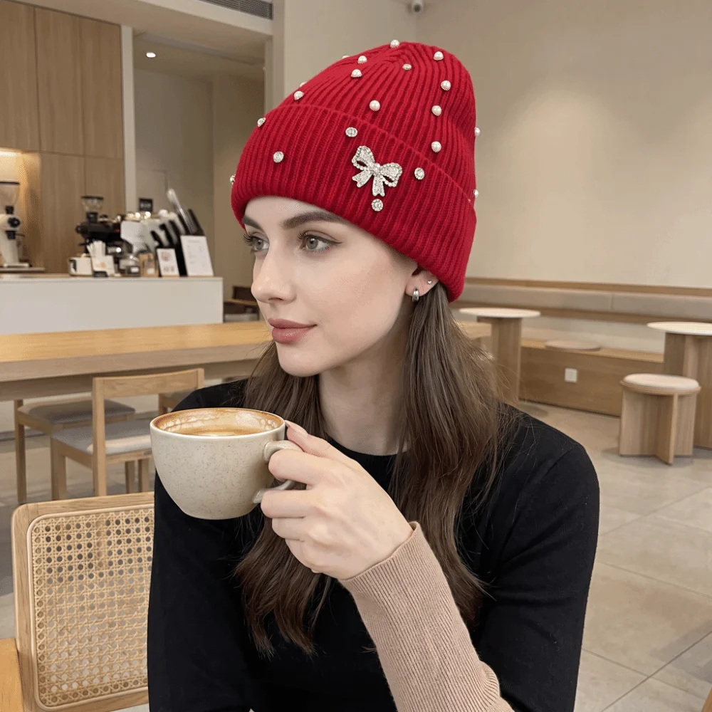 Sweet Elastic Crystal Pearl Bow Beanie Warm Thick Knit Hat Windproof Fold Cuff Pullover Hat Outdoor
