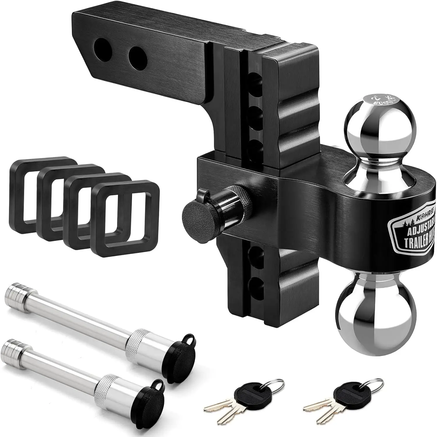 Trailer Hitch Fit Receiver, Dual Solid Ball,Drop & Rise Heavy Duty Aluminum Tow Hitch with 4 Silencer Pads & 2 Locking Hitch