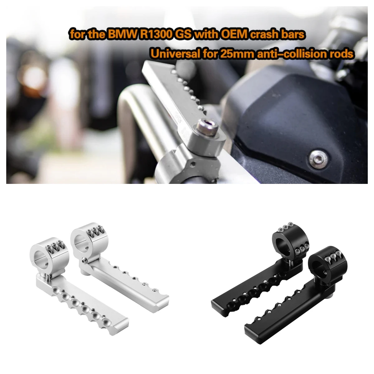 For BMW R1300 GS ​Aluminum Front Foot Pegs Pedals Rests with OEM crash bars for 25mm anti-collision rods