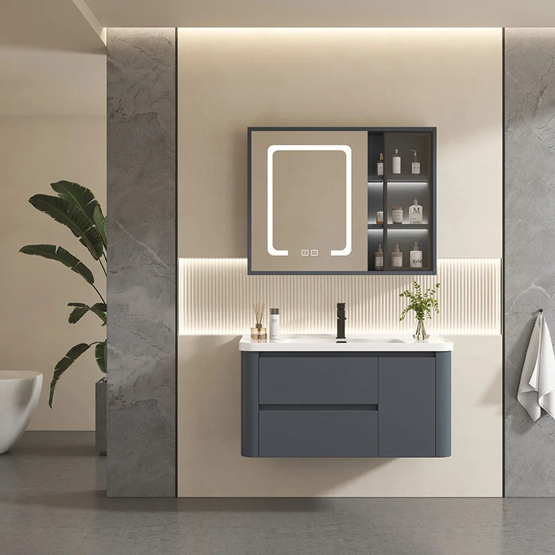 minimalist balcony lacquered door panel washbasin bathroom sink cabinet combination with rounded thickened bathroom cabinet