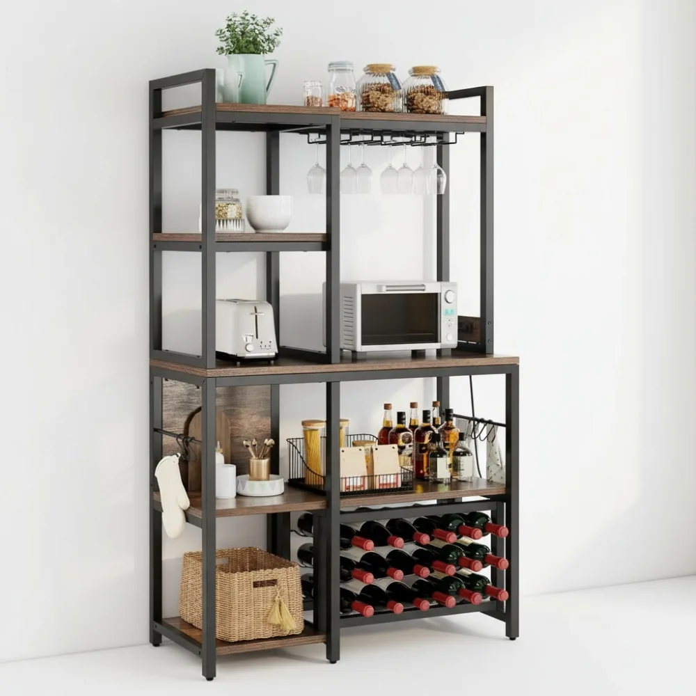 

5-Tier Kitchen Bakers Rack with Power Outlet, Wine Storage & Microwave Stand - Farmhouse Style for Home Bar & Dining Room
