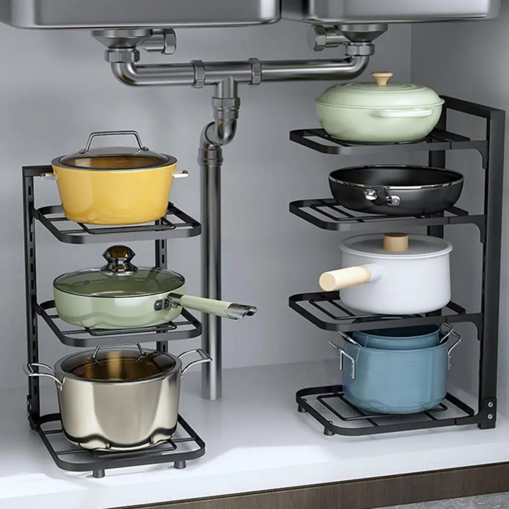 2/3/4cm Multi-Layer Pot Storage Rack Strong Load-bearing Hollow Design Adjustable Cabinet Under-Sink Pan Rack Cookware Holder