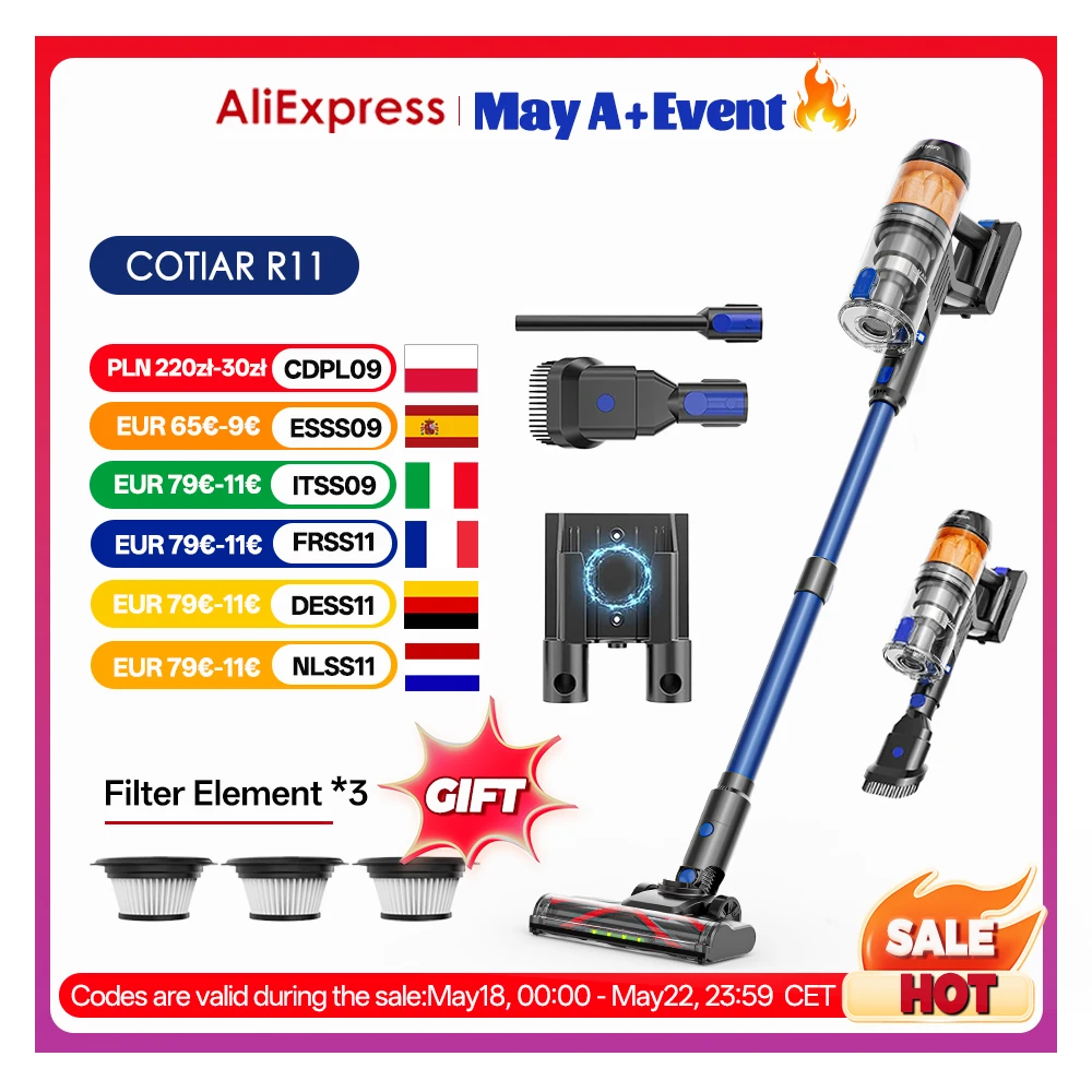Aspirateurs sans fil COTIAR R11 pour la maison, aspirateur léger d'aspiration 500W 50Kpa, autonomie de 60 minutes, affichage LED, 3 filtres HEPA