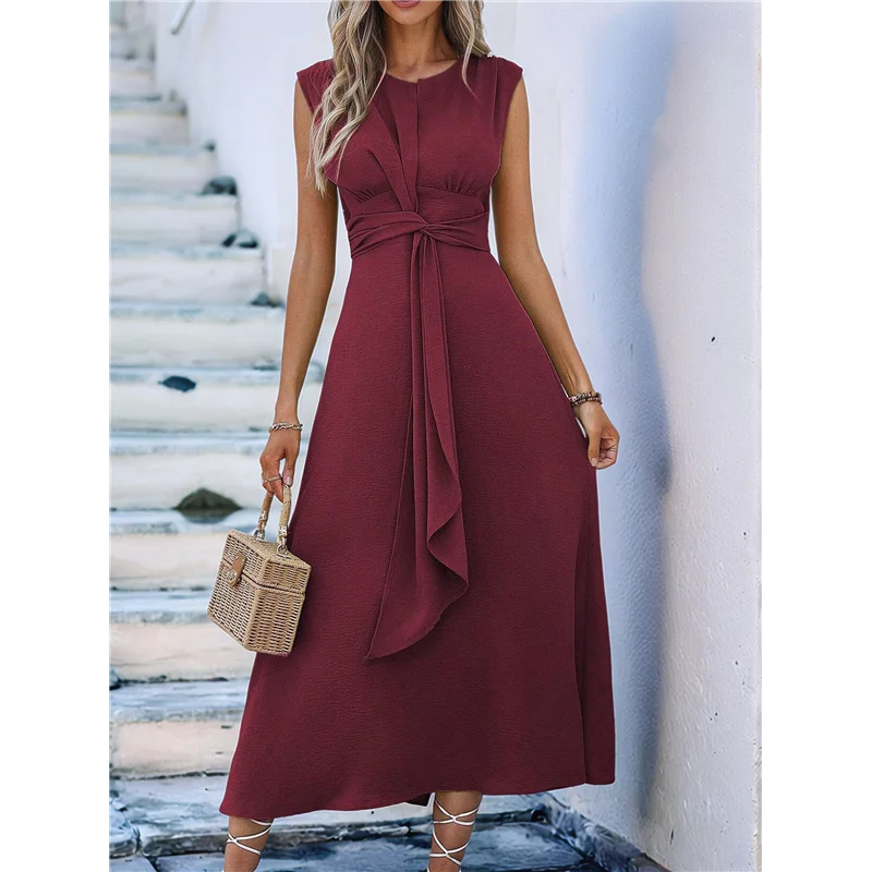 A83F-Womens Summer Casual Sleeveless T Shirt Midi Dress Slim Fit Tie Waist Tank Long Dresses 2025 Vacation Sundress
