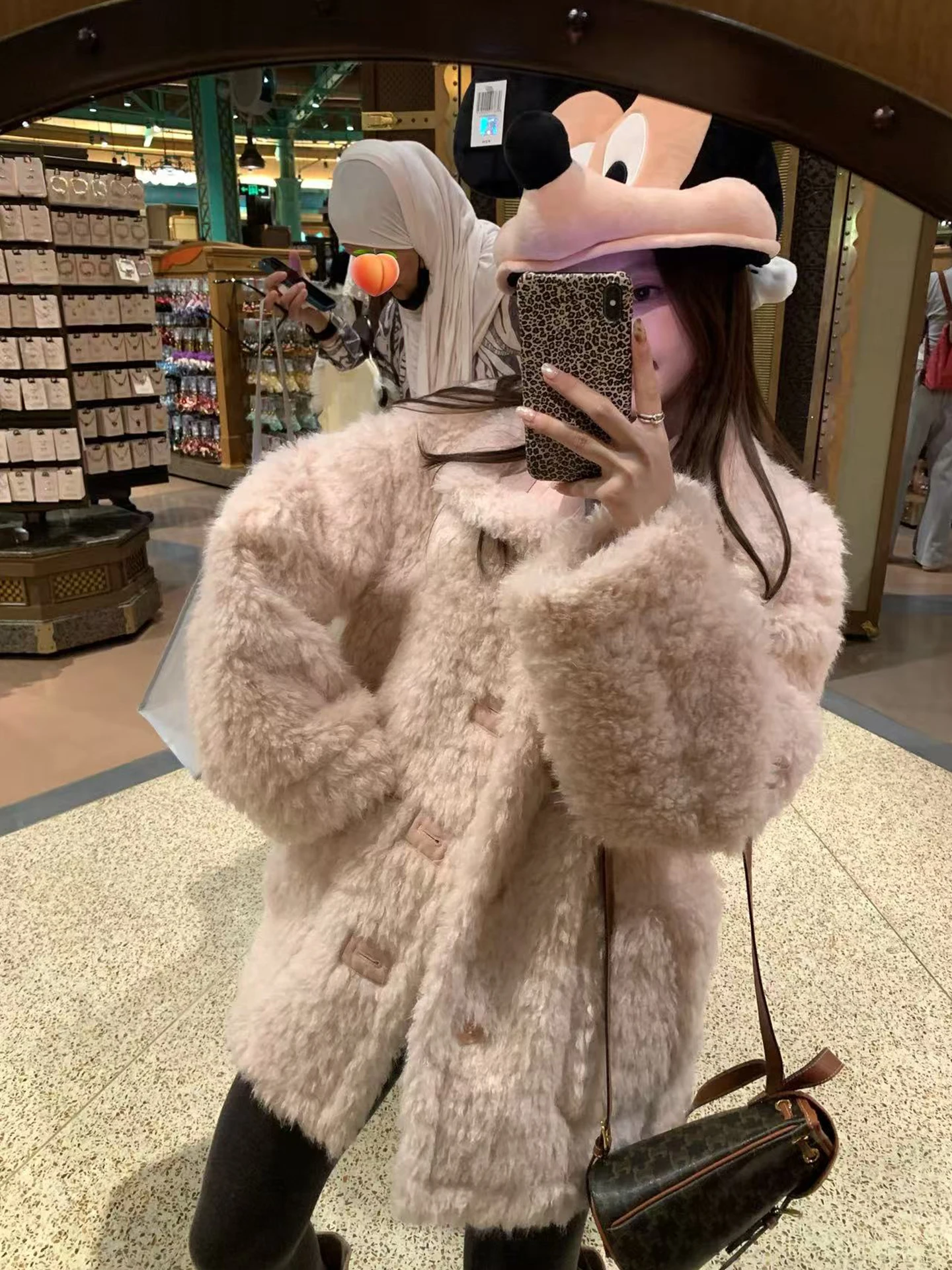 Jaqueta Feminina de Couro e Pele Dupla Face de Comprimento Médio, Casual, Solta, Manga Longa, Quente