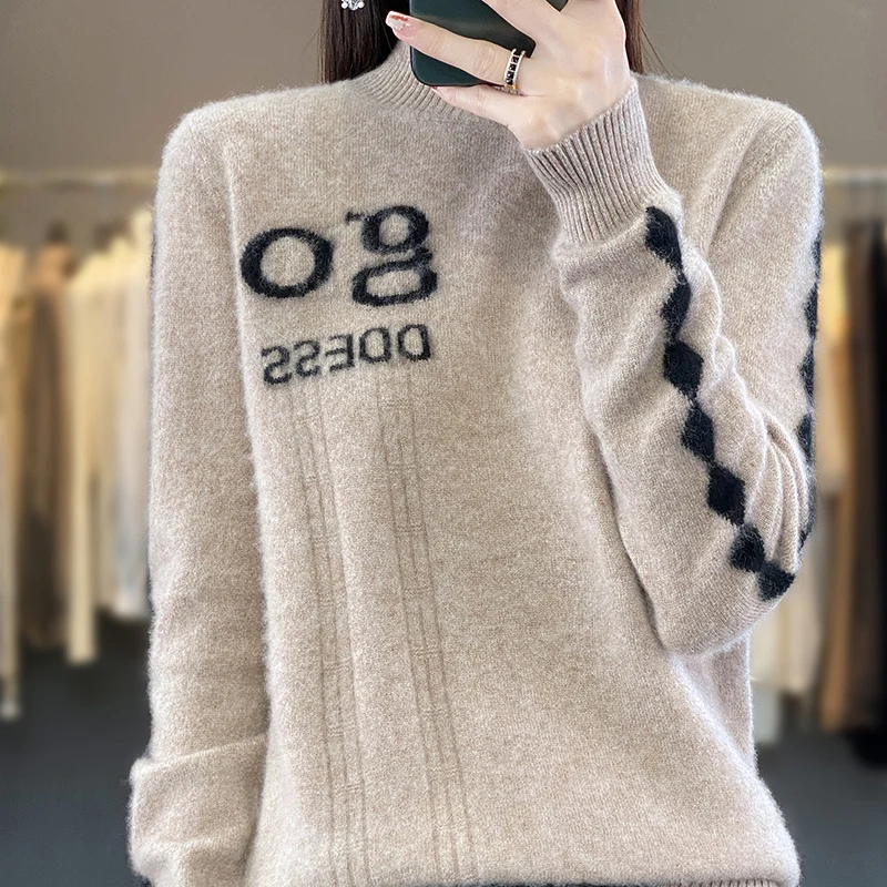 New autumn and winter 100% merino wool women's semi-high-necked pullover long-sleeved knitted sweater slim fashion casual top