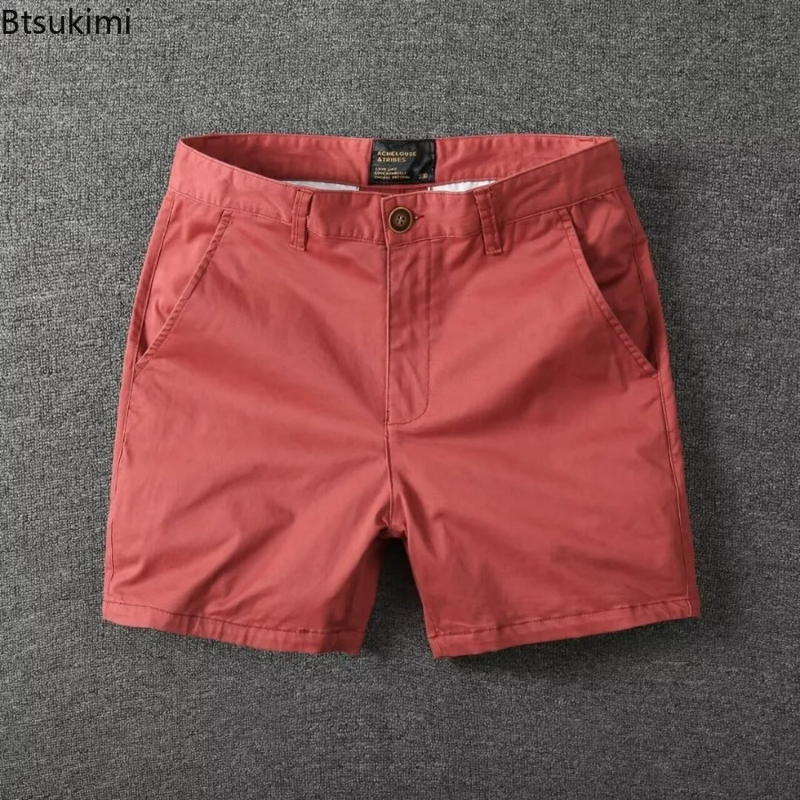 Summer Men's Casual Shorts Pure Cotton Slim Fit Straight Leg Pants Solid Color Stretchy Trendy High Waist Workwear Shorts Male