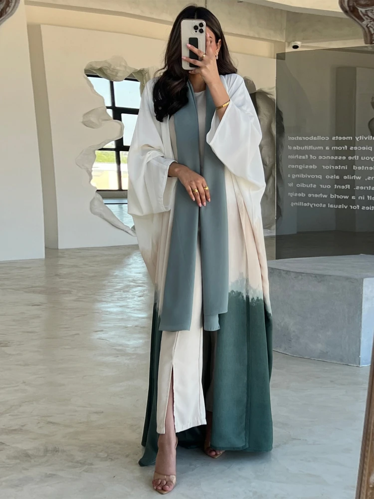 Eid Muslim Abaya Women 2 Piece Set with Inner Dress Tie Dye Print Cardigan Ramadan Abayas Kaftan Dubai Long Robe Vestidos Largo