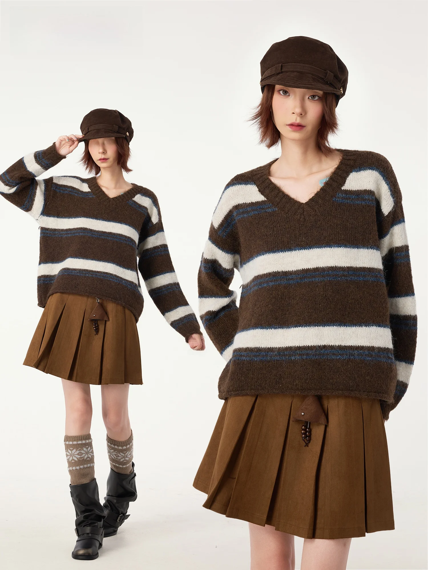 

Новый зимний вязаный свитер Didimax с V-образным вырезом в полоску, свободный ретро-топ для женщин, модель W25807, из полиэфирного волокна, с длинными рукавами