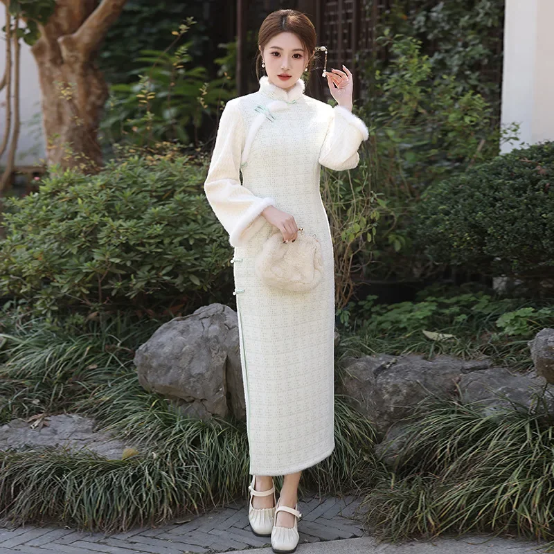 

2024, традиционная китайская одежда, женское зимнее Ципао для женщин, теплое бархатное платье Ципао, улучшенное платье Ципао