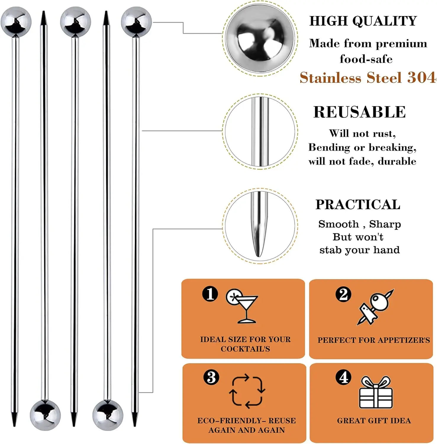 12Pcs Stainless Steel Cocktail Picks Bar Tools Drink Stirring Sticks Drinks Decoration Reusable Fruit Sticks Cocktail Picks