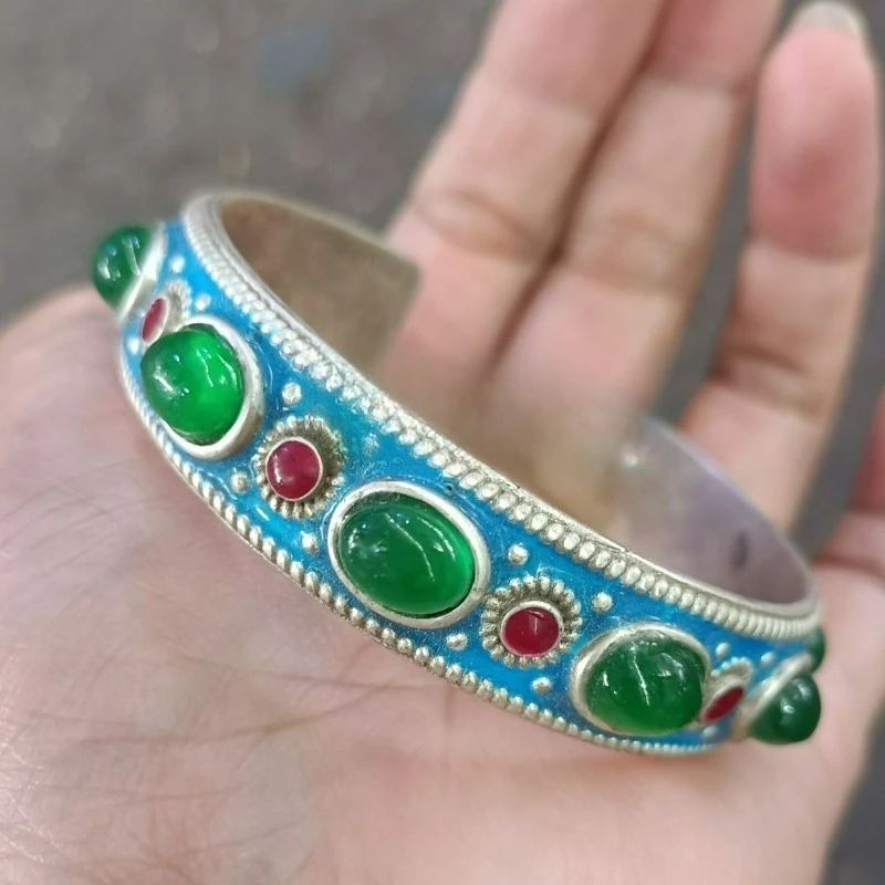Vintage Old Silver Cloisonne Bangle, Inlaid Green Gemstone, Inner Diameter 58mm, Retro Ethnic Collectible Bracelet Jewelry