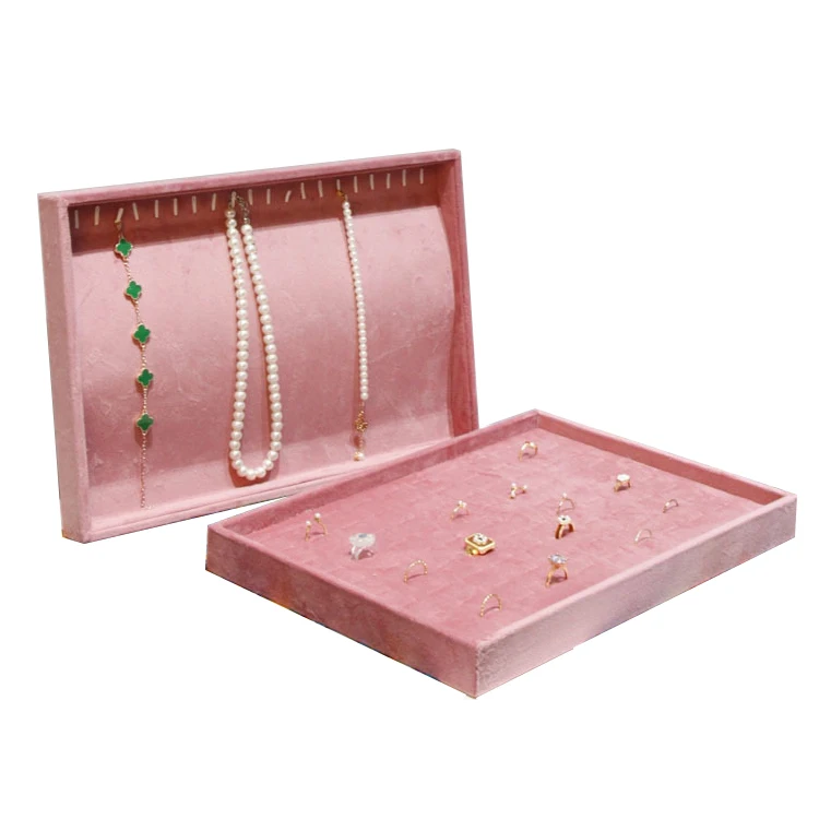 Pink Velvet Jewelry Display Tray, Large 35x24cm Multi-Functional Ring Necklace Earring Organizer, Watch Holder for Store Counter