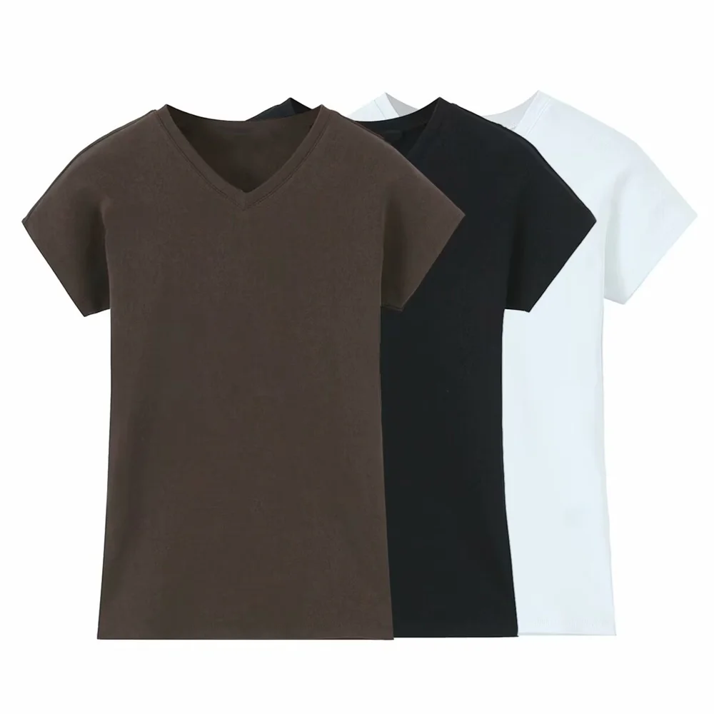 Taop&Za 女性用の新しい V ネック半袖トップ シンプルなスタイルで、毎日の着用や重ね着に適しています多用途アイテム