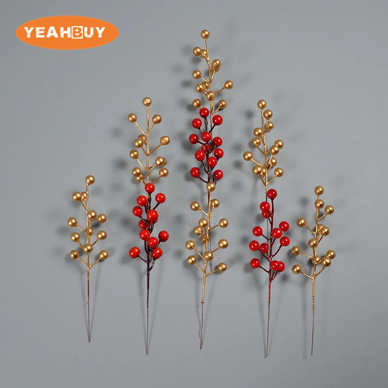 

12Pcs Christmas Accessories Gold Red Berry Bean Twig Branch For DIY Xmas Handmade Flower Bouquet Decoration Artificial Flower