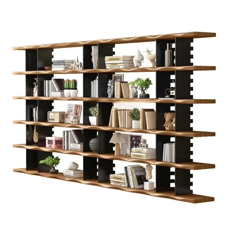 A  American solid wood bookshelf against the wall display shelf background wall wrought iron bookcase floor