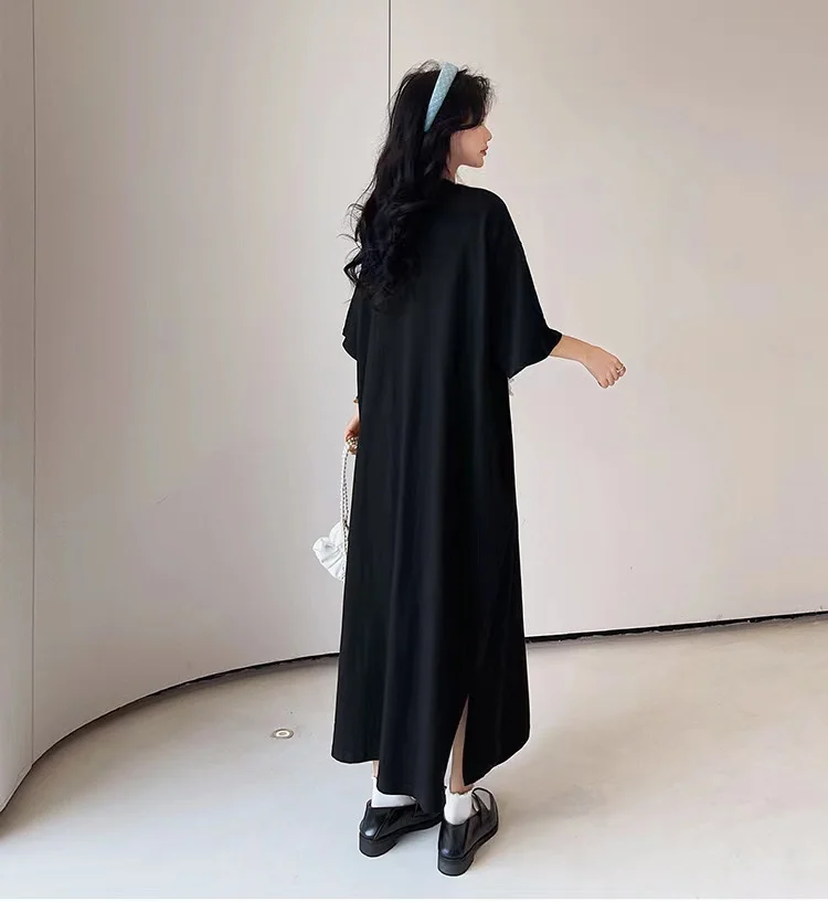 Summer New Korean Style Cute Print Midi Short Sleeve Dress Loose Versatile Ins Style Dress Polyester Fiber Straight Cut Dress