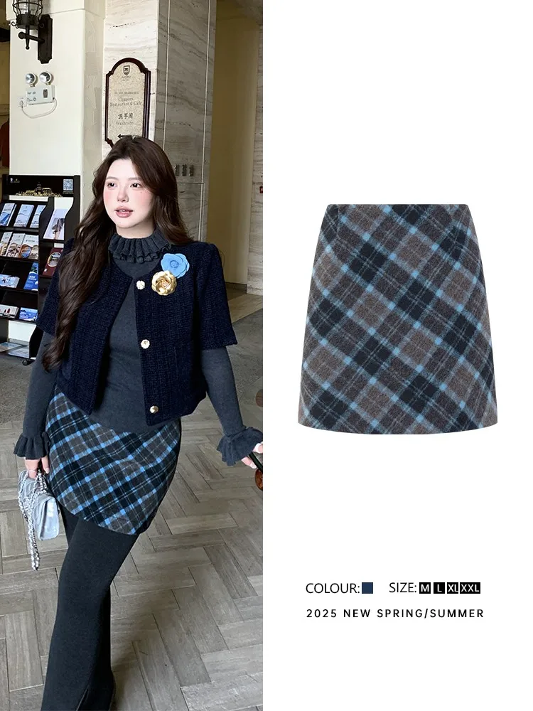 

High Waist A-Line Skirt Women's plus Size Woolen Plaid Wrap around Skirt Commute Korean Sle Four Seasons Universal