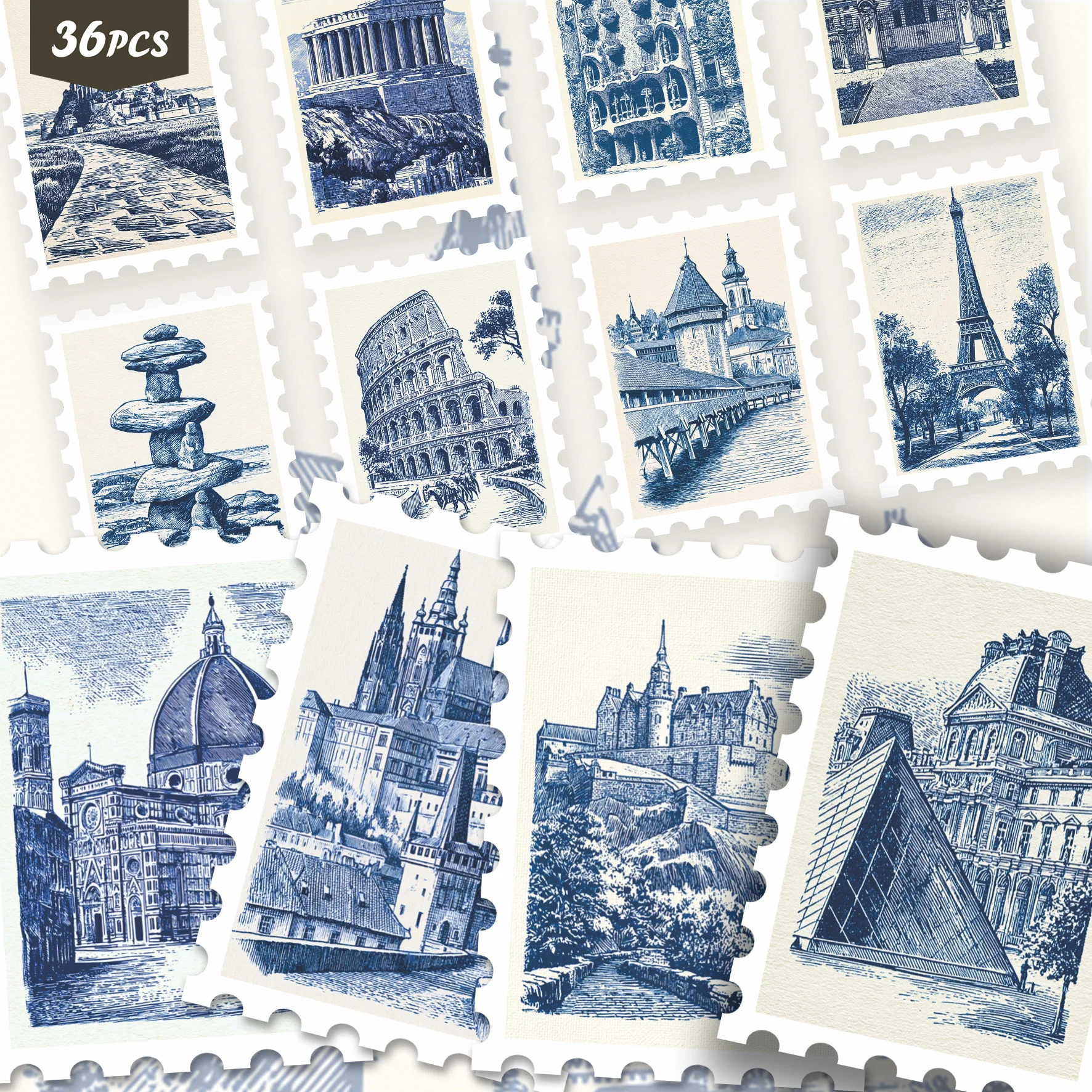 36PCS Retro Travel Landmark Stickers for laptops, Hand Drawn Historic Site Patterns, Ideal for Journaling & Handmade Card Making