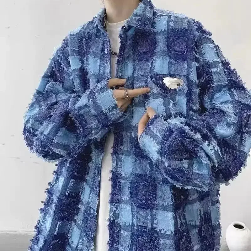 2024เสื้อลายสก็อตแต่งพู่เสื้อลำลองกระดุมแถวเดียวเสื้อโค้ทแขนยาวขนาดใหญ่พิเศษสำหรับผู้ชายแนววินเทจในฤดูใบไม้ร่วงผู้ชายฤดูใบไม้ผลิ