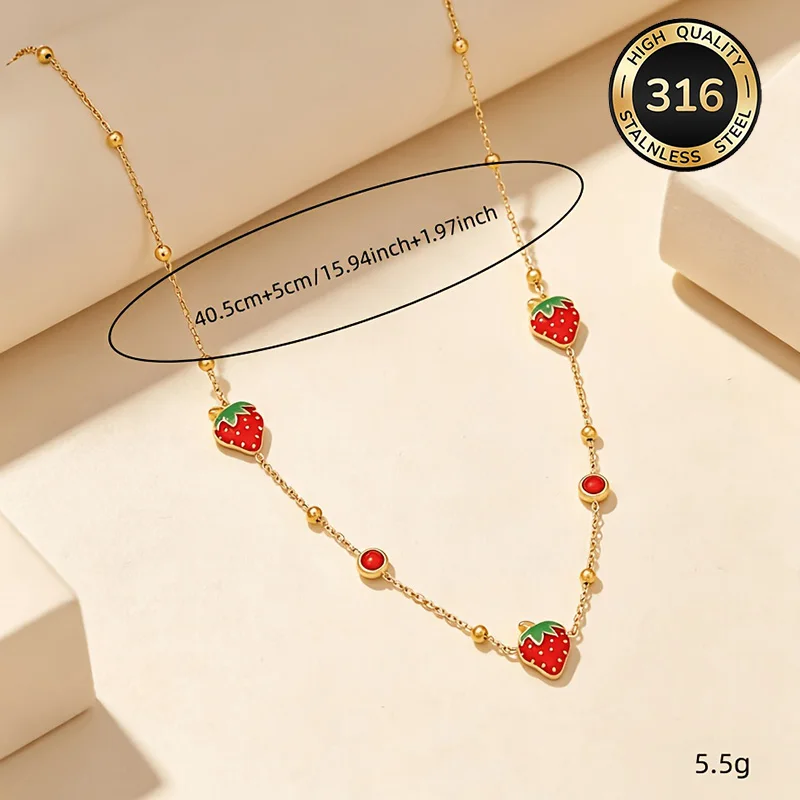 316L Stainless Steel Gold Plated Enamel Strawberry Pendant Necklace Anti Fading Cute Sweet Women Daily Party Jewelry Lovely Gift