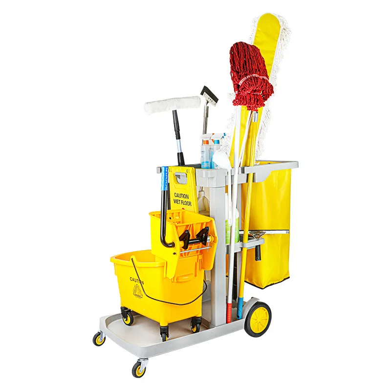 

Commercial Hotel Housekeeping Supplies Plastic Cleaning Trolley Janitor Cart Janitorial Trolley