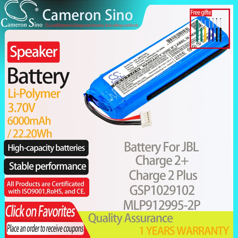 CameronSino – batterie pour JBL Charge 2 +, MLP912995-2P mAh/6000 wh, 3.70V, bleu, pour haut-parleur GSP1029102