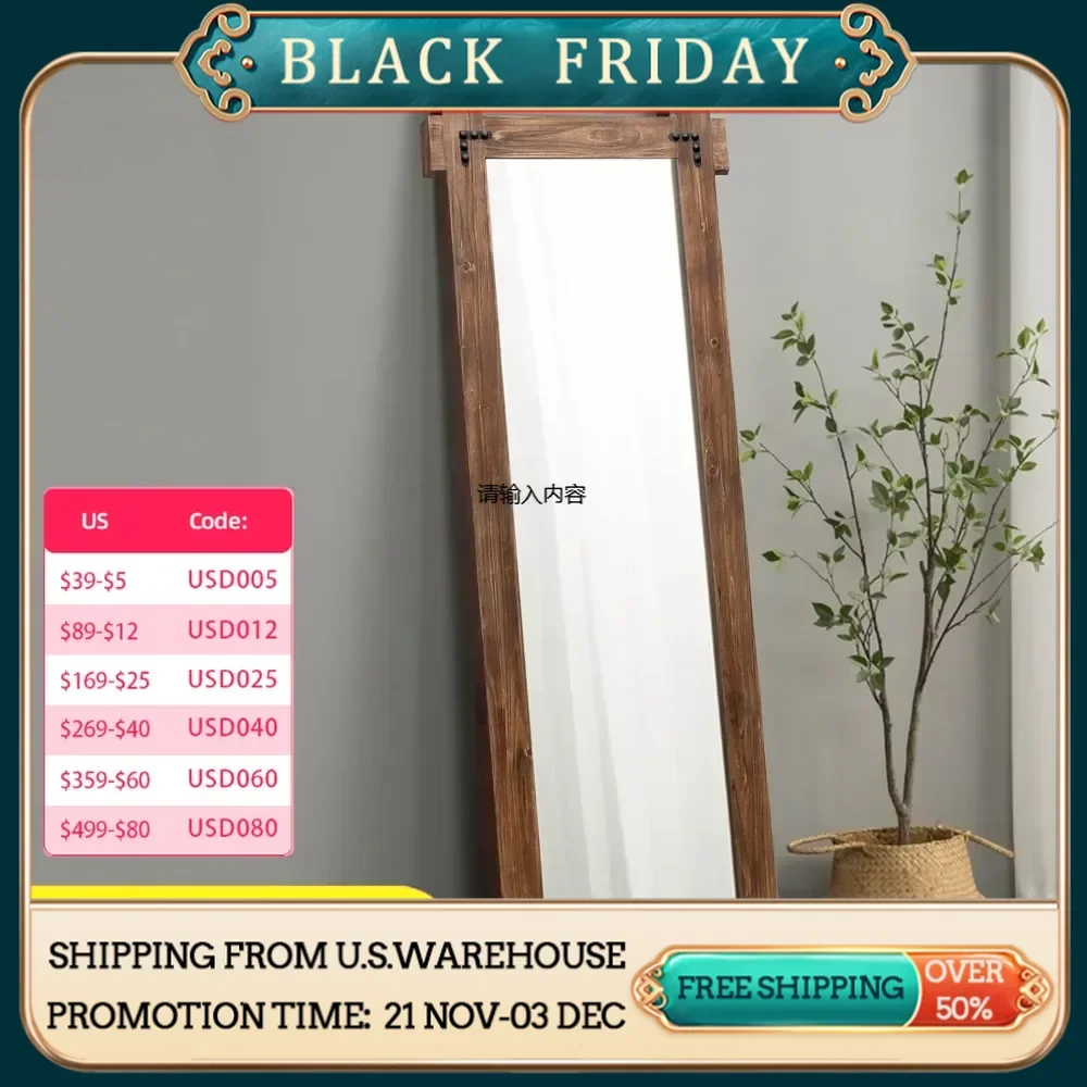 Rustic full-length mirror, decorative vertical tilt hanging mirror large frame wall mirror, suitable for living room bedroom