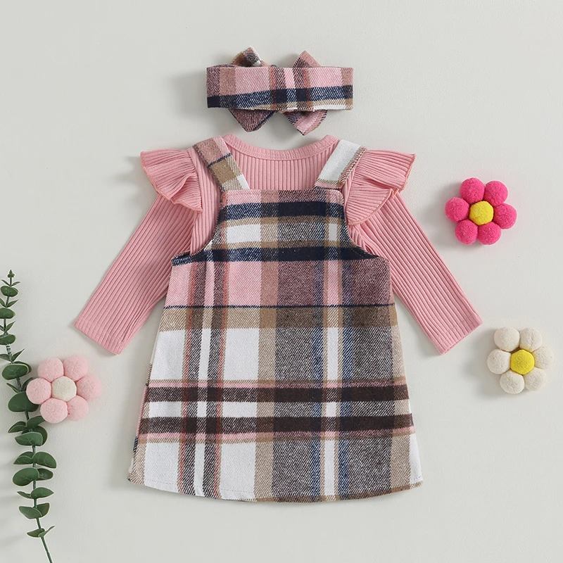 Toddler Baby Girls Cute Clothes Ruffle Ribbed Long Sleeves Romper and Plaid Suspender Dress with Pocket Headband Fall Outfits