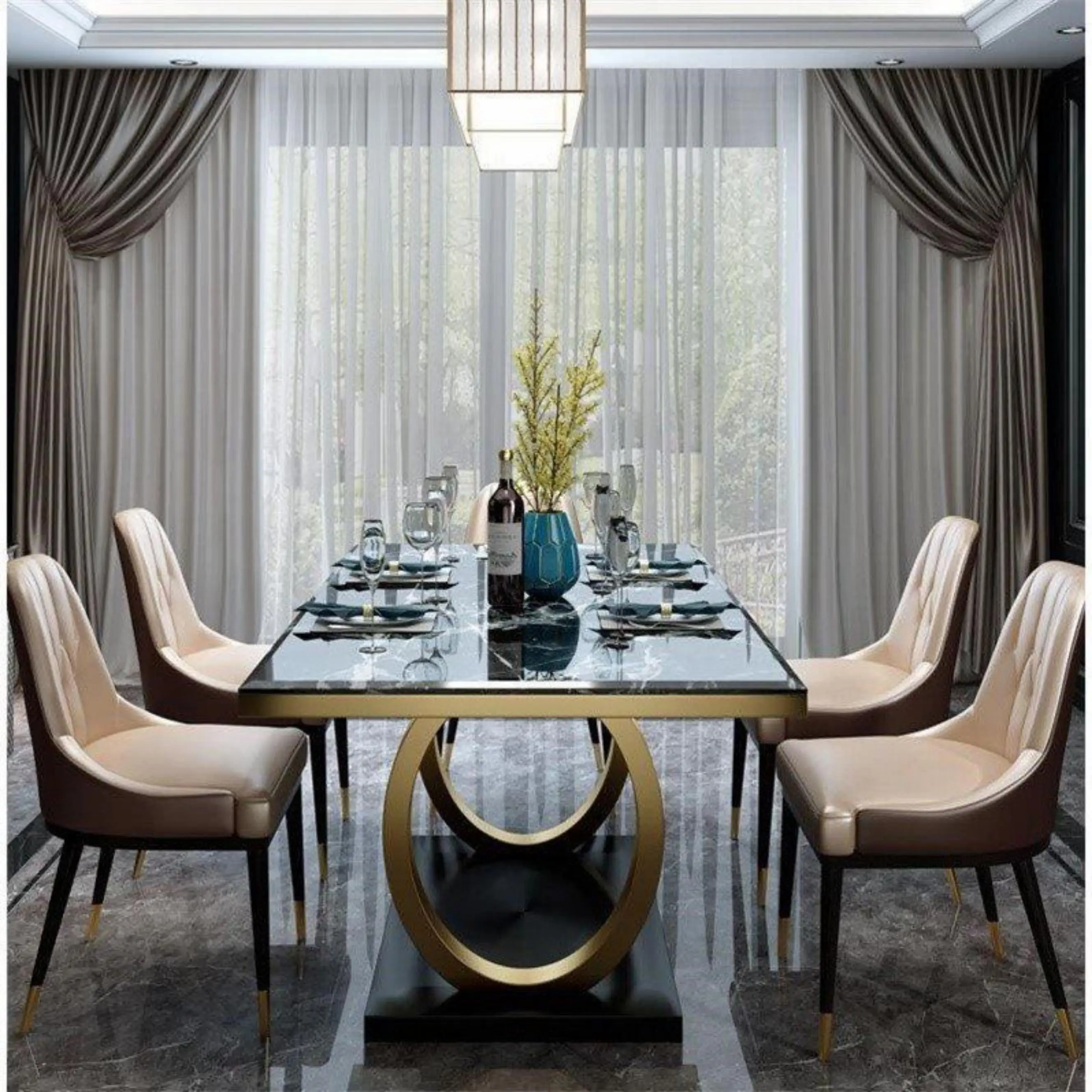 

Marble Dining Table and Chair Combination Set Household Rectangular Postmodern Minimalist Light Luxury Small Apartment