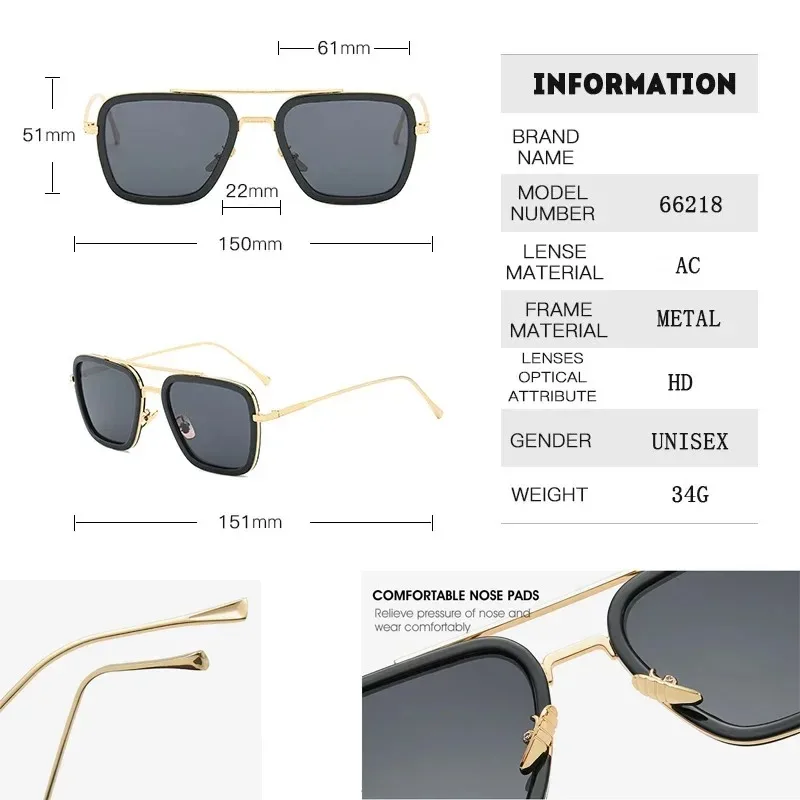 Steam Punk Tony Stark Sunglasses Men Women Fashion Square Driving Glasses Unisex Metal Frame Trendy Shades Oculos De Sol view 2