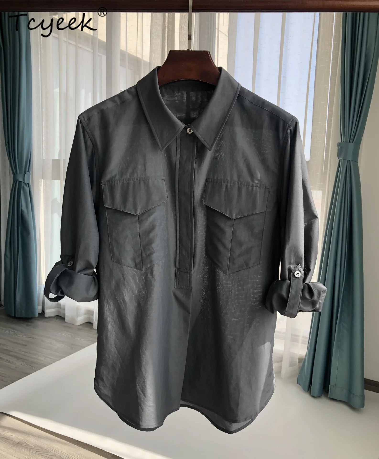

Tcyeek Real Mulberry Silk Cotton Shirts Women Workwear Pocket Personalized Transparent Shirt 2023 Summer New Tops T37949QM